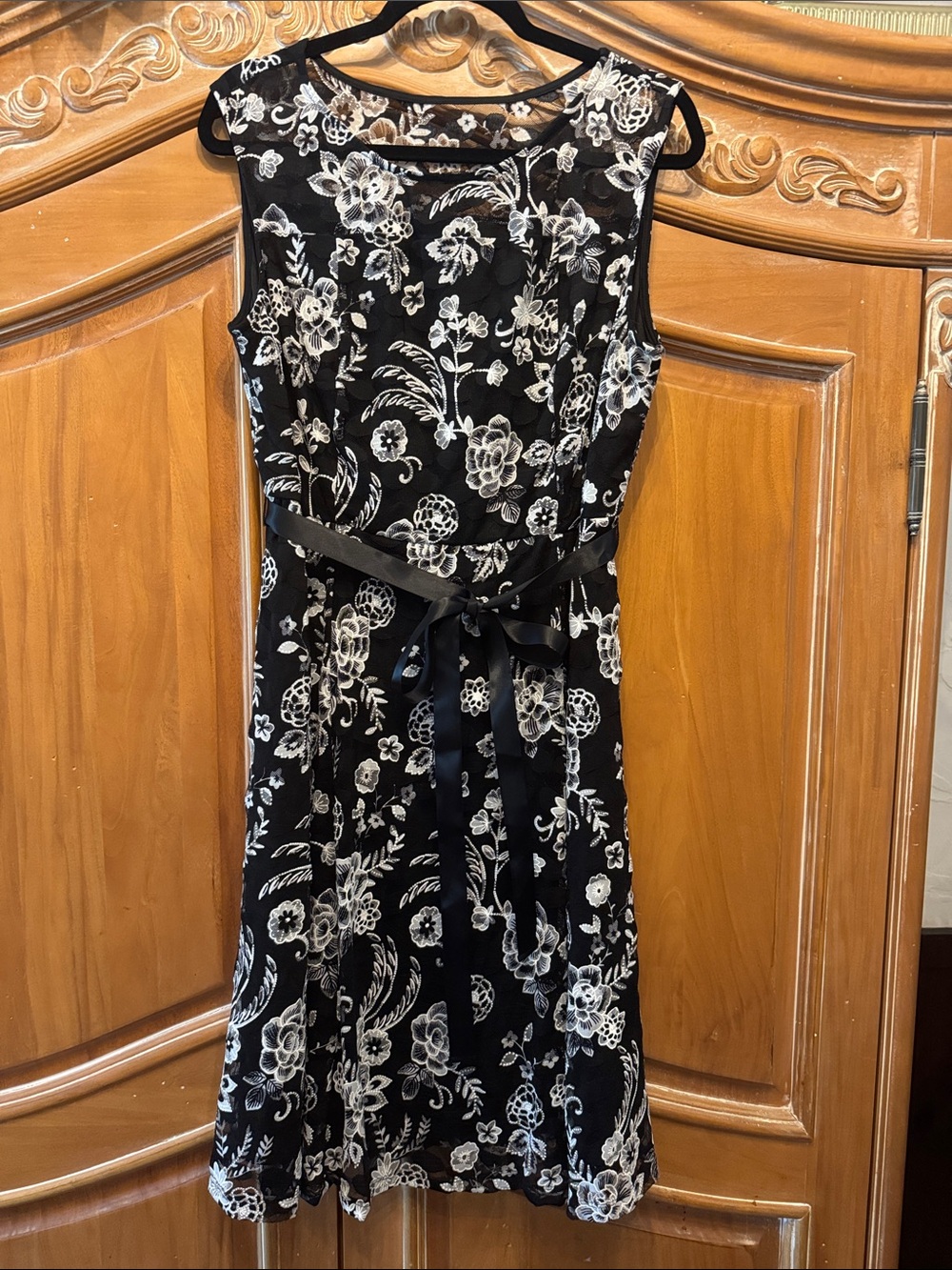 Black Floral Lace-Overlay Midi Dress with Ribbon Tie